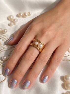 Gold Open Overlap Cuff Ring Two Faux Pearls Sculptural Stainless Steel Size 7-9